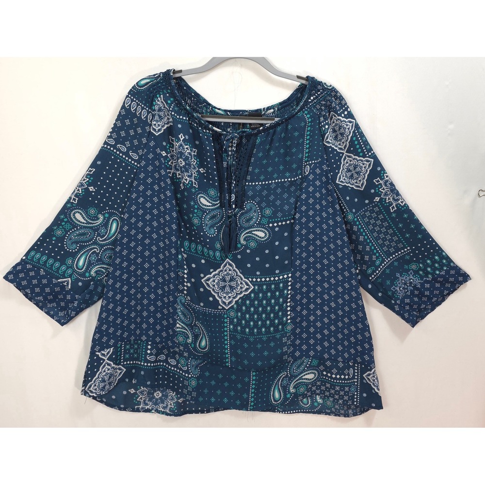 New Directions Peasant Blouse Womens XL Tassel Tie Teal Boho Bandana Paisley